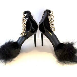 NEW Fashion Nova Black and Gold Stiletto Heels with Pom-Pom